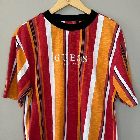 Guess Men’s‎ Multicolor Striped Tee Size Small Red Orange Pink White Black - Picture 3 of 7
